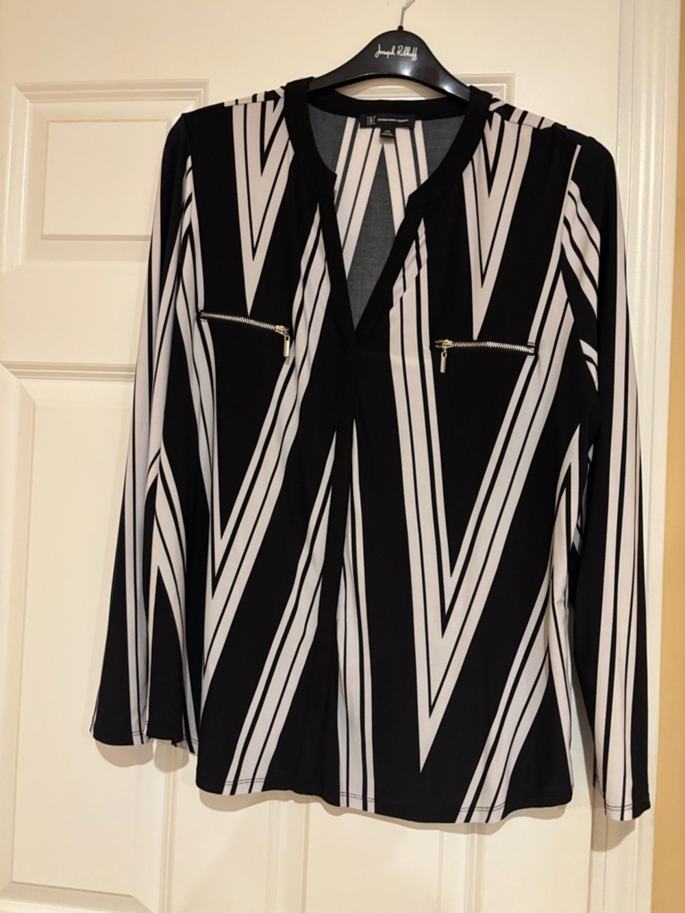 INC International Concepts Black and White Geometric V-Neck Blouse